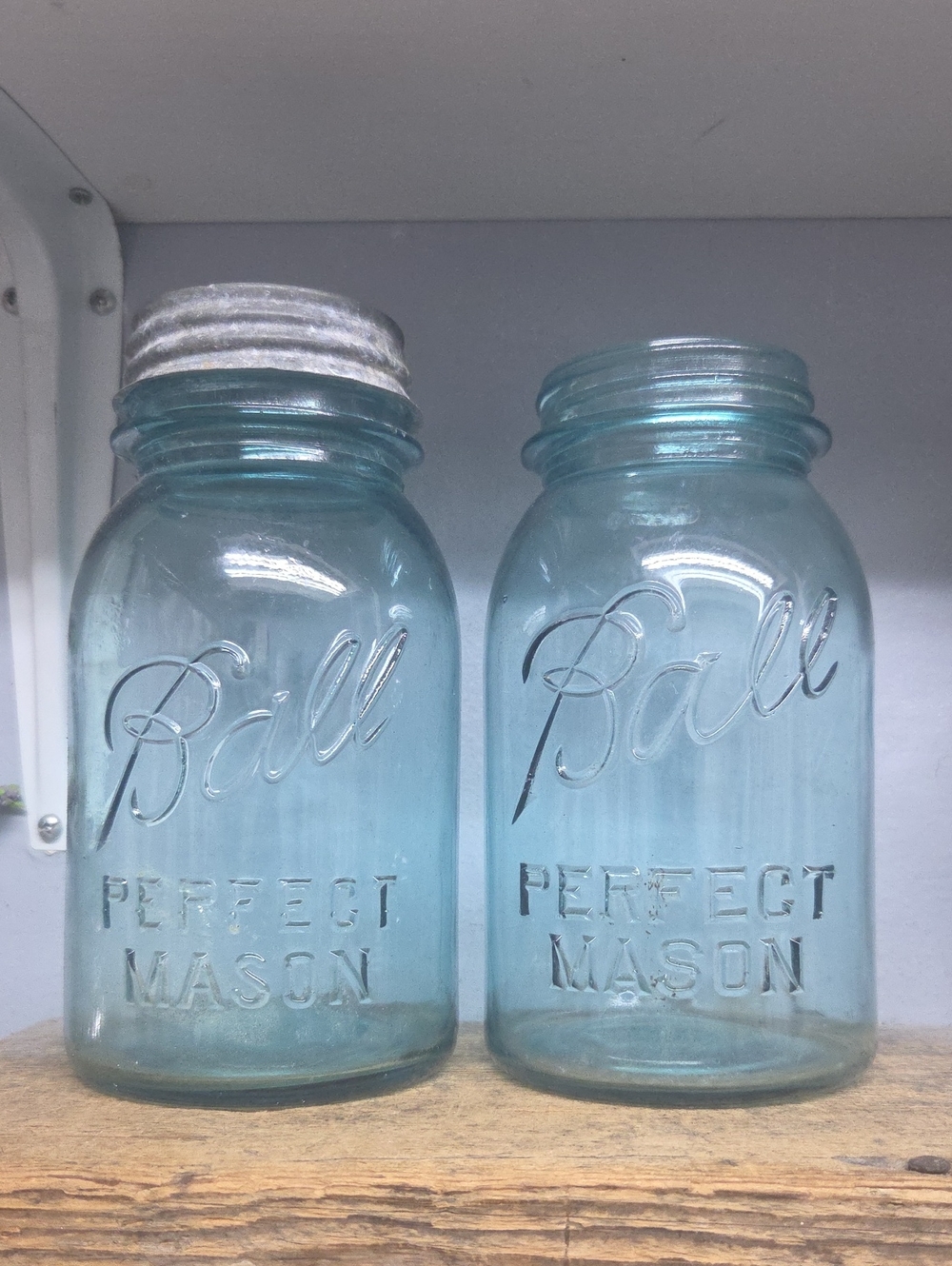 Vintage 1923-1933 Ball Perfect Mason Aqua Glass Jars - Set of 2, 1 With Zinc Lid